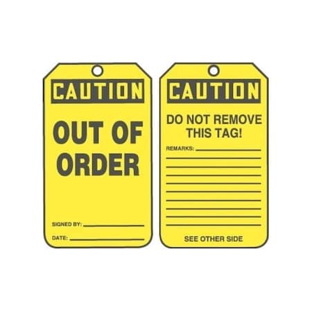 Accuform Safety Tags, CAUTION OUT OF ORDER, 5.75in x 3.25in, RP-Plastic, 25PK MDT619PTP